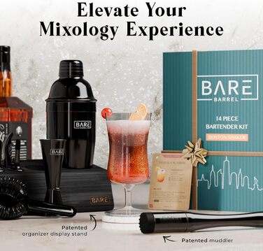 Набір для бармена Pro Mixology: 14 предметів, шейкер Boston, аксесуари для дому, бамбуковий підставник, рецепти коктейлів, подарунковий набір чорного кольору (24oz Cobbler Shaker)