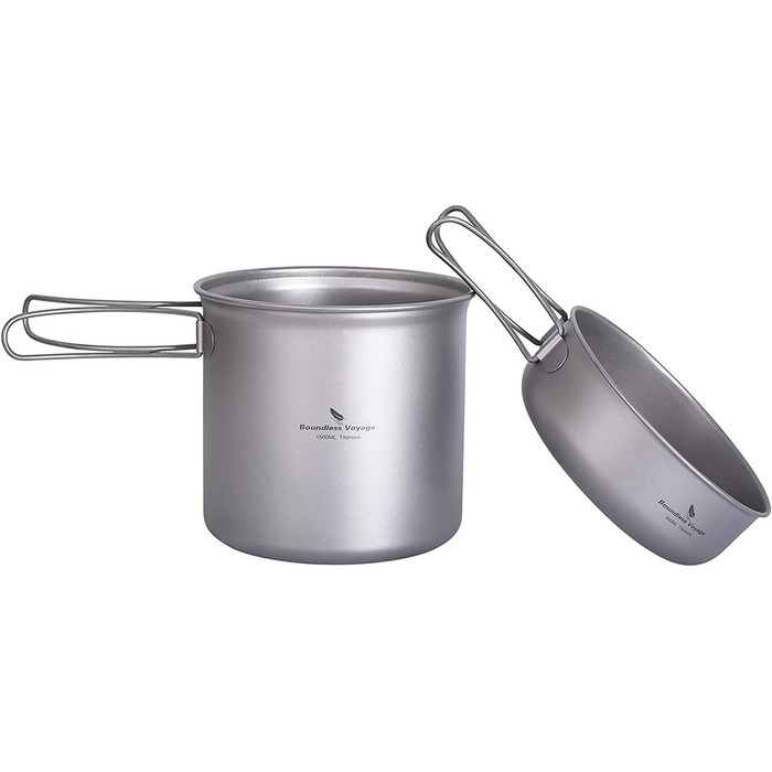 Набір кухонного посуду iBasingo для кемпінгу: титановий посуд з відкидним ручками, 1500 мл каструля та 500 мл сковорода, ідеальний для туризму та пікніків