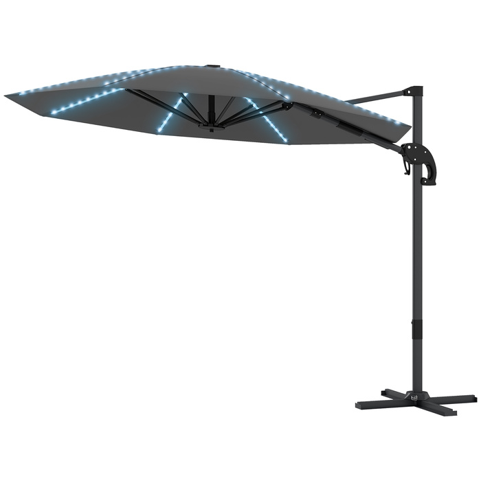 Outsunny Alu Centilever Parasol LED Solar Ø300 см регульована по висоті парасолька з кривошипною підставкою UV50+ Водовідштовхувальний ринок Обертовий ринок на 360° Нахилена садова парасолька Сонцезахисний захист для саду Балкон Темно-сірий