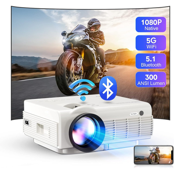 Beamer YEZMEK 5G WiFi Bluetooth: Міні проєктор LED 1080P Full HD з підтримкою 4K, Wi-Fi, Bluetooth, HDMI, USB, TF для дому та кінотеатру