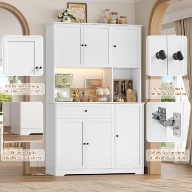 Кухонна шафа FirFurd 180 см з LED-підсвічуванням, буфет, sideboard з розеткою, стільниця, вітрина для 12 пляшок вина, білий колір, 180x100x39 см