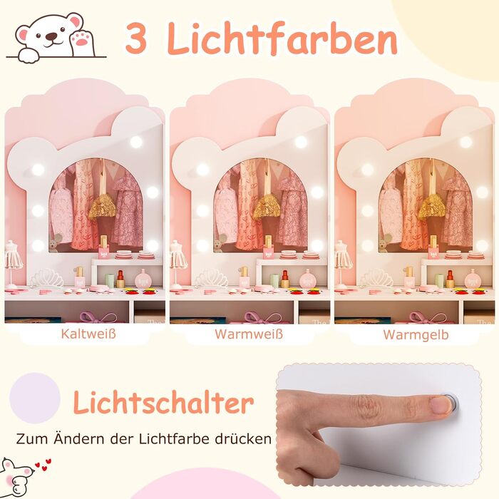 Детский туалетный столик COSTWAY в форме медведя с подсветкой, зеркалом, шкафчиком, 5 ящиками и отделениями, из дерева, для девочек от 3 лет