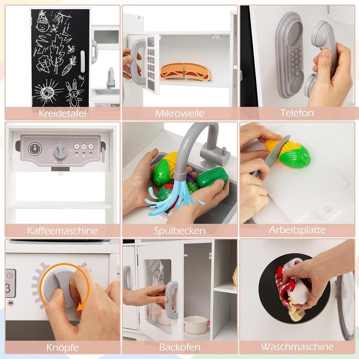 Детська дерев'яна кухня COSTWAY з підсвіткою та звуком, кутова кухня з табло, мікрохвильовою піччю, раковиною, духовкою та місцем для зберігання, з аксесуарами, іграшкова кухня для дітей від 3 років (біла)