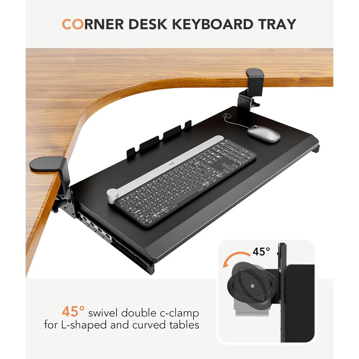 Висувна полиця під клавіатуру під стіл, чорна, з міцним C-кріпленням, 27.3x27.9 см (82.5 см з кріпленнями)