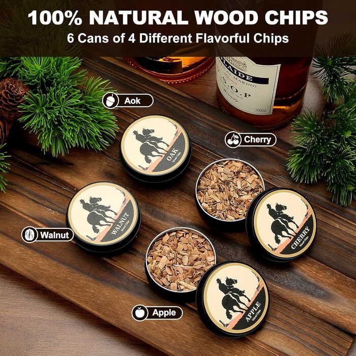 Набір для копчення коктейлів та віскі (електричний) з 4 дерев'яними стружками, аксесуар для віскі, бурбону, кави, м'яса та горіхів, ідеальний подарунок на День батька