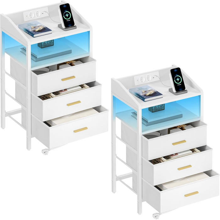 Комплект приліжкових столиків Hzuaneri з LED-підсвіткою, USB та розетками, 3 тканинні шухляди, полиці, для спальні та вітальні, білий NS35513W