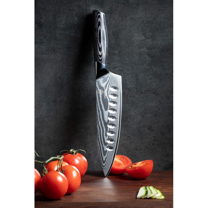 Кухонний ніж Wolfblood PRO Damast XL (33 см) з дамаської сталі 67 шарів, преміум-якість, для професійних кухарів, з дерев'яною ручкою, подарункова коробка, захист леза, сертифікований TÜV, 62 HRC