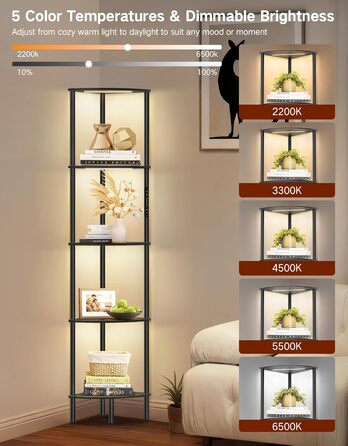 LED торшер з полицею, 3 режими світла, димування сенсором та пультом, кутова полиця з 5 рівнями, вузька книжкова шафа для вітальні, спальні, офісу (Чорний з RGB)