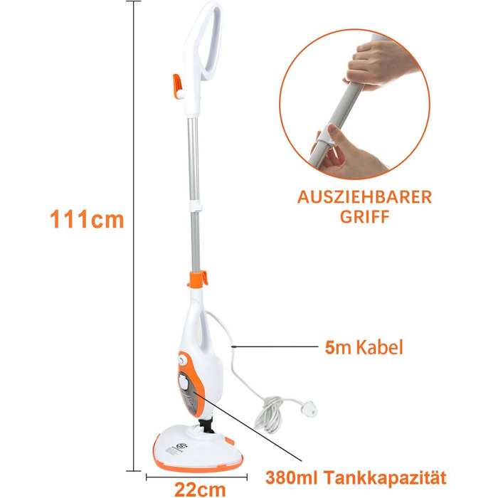 Багатофункціональний пароочисник SUPERLEX 12-в-1 1500 Вт, паровий очищувач для віників, парова швабра для підлоги та ручний пароочисник для глибокого миття підлоги, дерев'яної плитки
