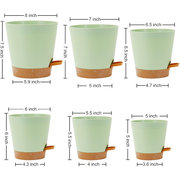 Набір горщиків для квітів з автополивом, 6 шт., чорний (зелений+коричневий), різні розміри, для дому та балкона