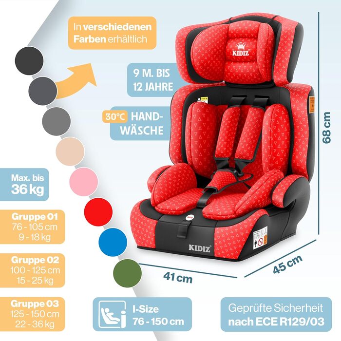 Автокрісло KIDIZ® Triangle Premium | 9-36 кг, 1-12 років, група 1/2/3 | Червоне | ЕCE R129/03