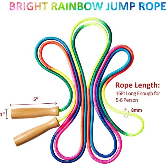 Довга скакалка для дітей, 5-метрова скакалка з дерев'яною ручкою для багатокористувацької гри, набір скакалок, групові стрибки зі скакалкою, райдужні стрибки зі скакалкою фітнес для дітей і дорослих