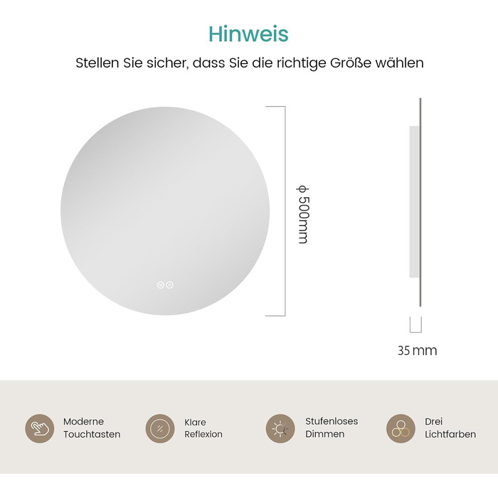 Дзеркало для ванної кімнати EMKE круглої форми з підсвічуванням 80 см – дзеркало з 3 кольорами світла, регулюванням яскравості, сенсорним управлінням, функцією пам'яті, енергозберігаюче – для ванної кімнати та на стіну (50x50 см)