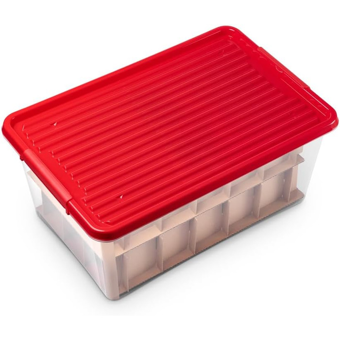 Коробка для прикрас Kreher X-Mas 40 літрів: ялинкові кулі, новорічний декор, з роздільниками (30 кульок). Прозора з червоним кришкою.