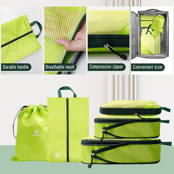 Набір компресійних органайзерів для одягу в дорогу AiQInu, 5 шт. — ультралегкі сумки-пакувальники для валізи з мішком для взуття та білизни, розширювані, зелені