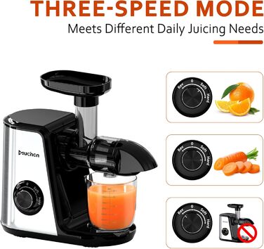 Соковитискач Muchen Slow Juicer: тиха робота, подрібнення назад, легке очищення, нержавіюча сталь, чорний та срібний, з кулінарною книгою (одноканальний)