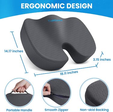 Подушка для сидіння TushGuard: для офісного крісла, авто, з Memory Foam, протиковзка, сіра, велика