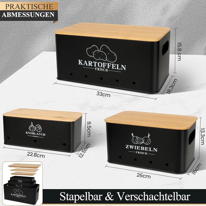 Набір контейнерів для картоплі, цибулі та часнику, 3 шт. з бамбуковим кришками, бежевий (Moz-O-PBDE02-BK)