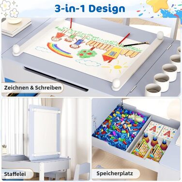 Дитячий стіл зі стільцями, комплект з дерева, дитяча група сидіння з місцем для зберігання, стіл для малювання з рулоном паперу, стіл для малювання та рукоділля для дітей від 3 років (Блакитний)