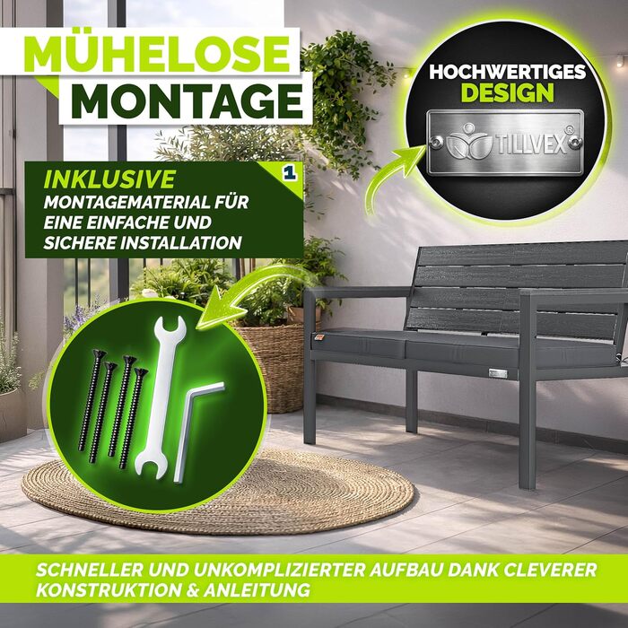 Садова лавка Tillvex® 3-4 місця з подушками та чохлом, вулична, стійка до погодних умов, деревоподібна, до 300 кг, антрацит 150 см