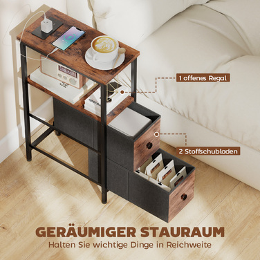 Журнальний столик-приліжний столик з підзарядною станцією, сталевий каркас, 2 висувні ящики з тканиною, відкритий відсік, розміри 20x40x63 см, колір: рустикальний коричневий.