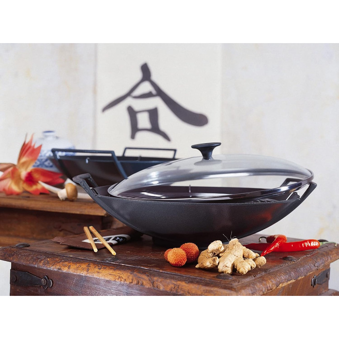 Вок Le Creuset з чавуну з кришкою з термостійкого скла, діаметр 36 см, об'єм 4,5 л, матовий чорний