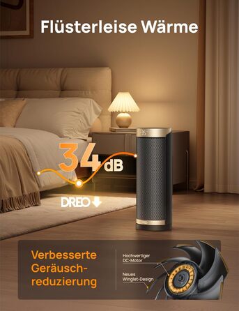 Електричний обігрівач Dreo Solaris Slim H3 з PTC-керамічним нагрівом, Wi-Fi, 3 режими, 3 швидкості, 12-годинний таймер, пульт дистанційного керування, захист від перегріву та перекидання