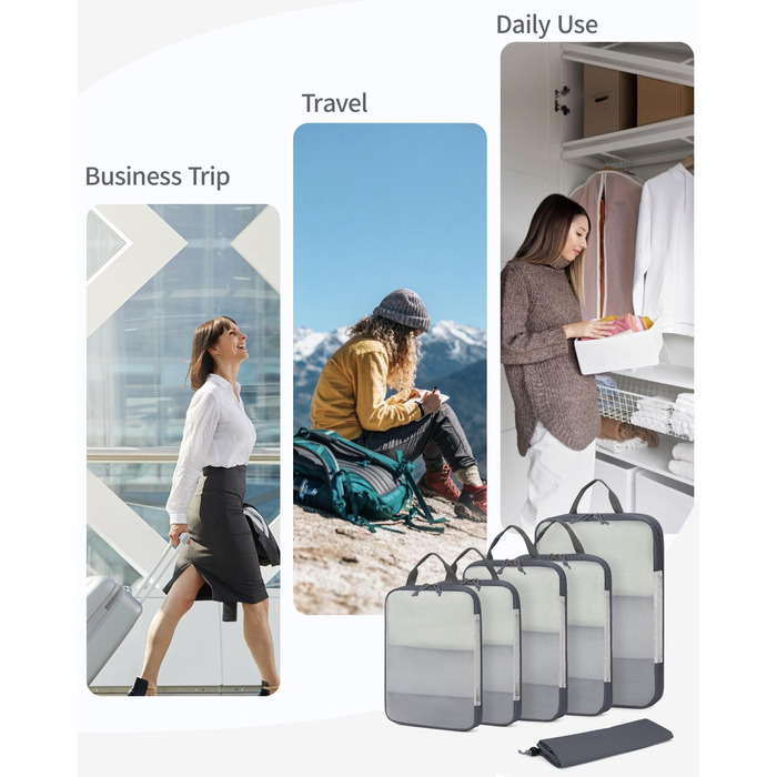 Набір органайзерів для валізи ECOHUB (6 шт), компресійні дорожні сумки-кубики з переробленої сітчастої тканини для рюкзака та ручної поклажі, сірий колір