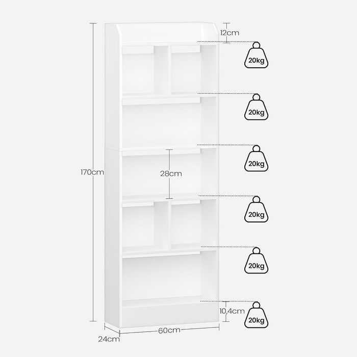 Стильний стелаж для книг з 6 секціями, білий, 24 x 60 x 170 см (BC11103X)