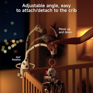 Мобіль для дитячого ліжечка TUMAMA для малюків 0-6 місяців з нічником, проєктором, музикою та білим шумом, чорно-біле іграшкове звірятко для підвішування