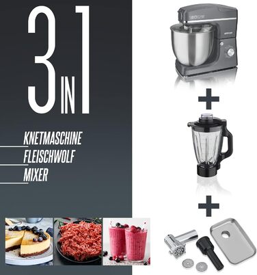 Кухонний комбайн HEINRICHS 3-в-1: міксер, кухонний прилад, м'ясорубка, 1500W, 6 швидкостей, 1.5л, 10л чаша, сірий