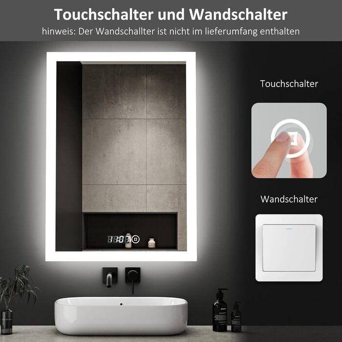 Дзеркало для ванної кімнати з підсвічуванням та годинником 50x70 см. LED дзеркало з сенсорним керуванням, 3 кольори світла, регулювання яскравості, 2470LM, стиль JB