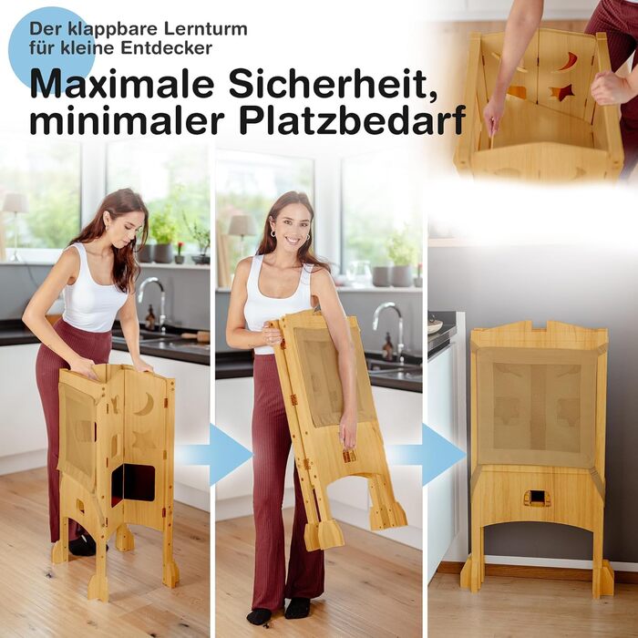 Дитячий навчальний столик-сходинка (1 рік+) з сіткою безпеки 360° - стабільний, масивний, з анти-кидкою, білий (натуральне дерево)