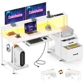 Ігровий стіл Coleshome з LED підсвічуванням, 140x48 см. Стіл з тканиними ящиками, комп'ютерний стіл з 2 розетками та 2 USB-портами, стіл для ігор з підставкою для монітора для дому/офісу, білий 140x48 см