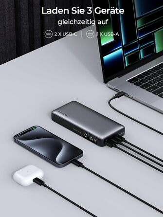 Вт, 20000 мАг, USB C, 3 порти, дисплей, для ноутбука/планшета/смартфона/навушників, 65