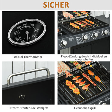 Газовий гриль Outsunny BBQ на коліщатках з 3 пальниками та 1 бічним пальником, редуктор та шланги, багатофункціональний, сталь, чорний, 110x50x100 см