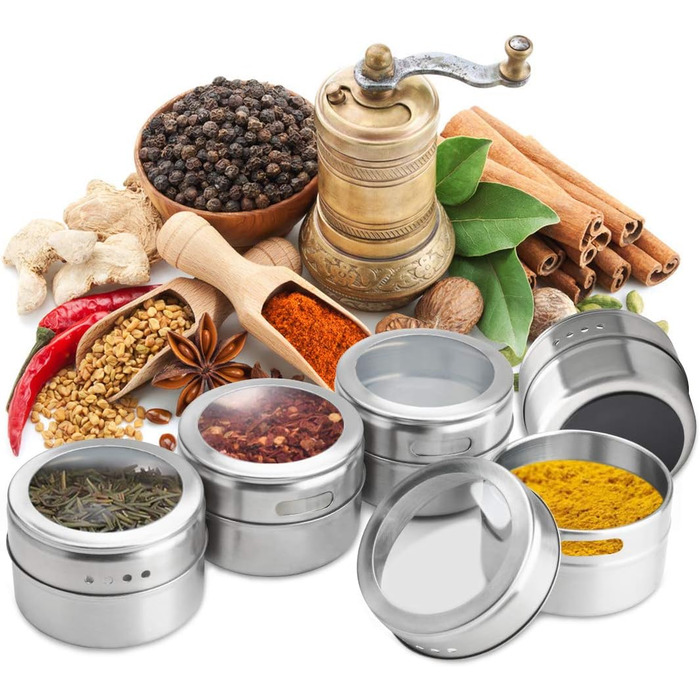 Набір банок для спецій з магнітною основою, 12 шт., нержавіюча сталь, легко миються, з етикетками
