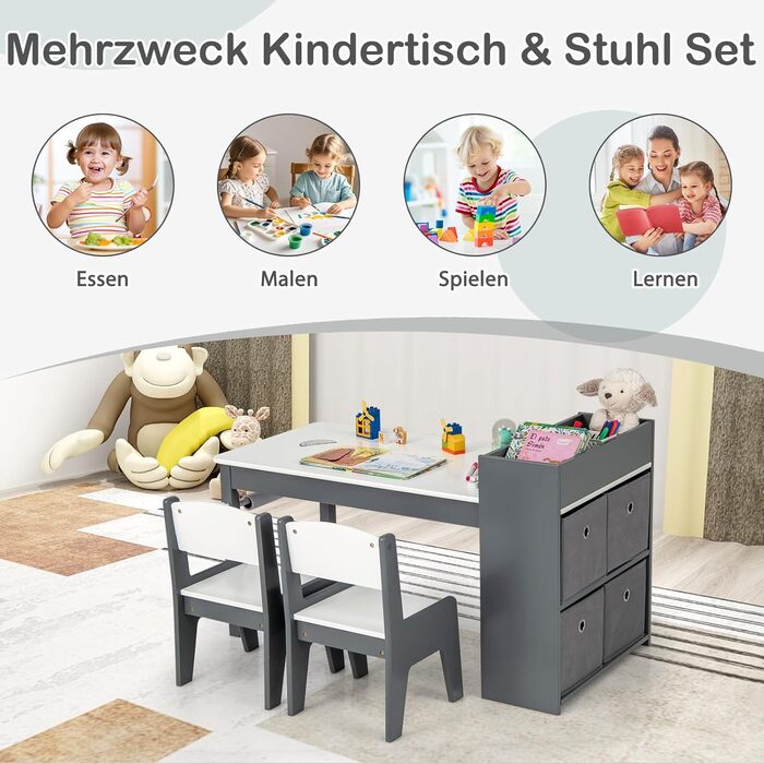 Дитячий столик та 2 стільчики DREAMADE 2-в-1 з паперовою рулонною полицею та 4 текстильними боксами для зберігання, дерев'яний дитячий куточок для малювання та ігор у дитячу кімнату (Сірий)