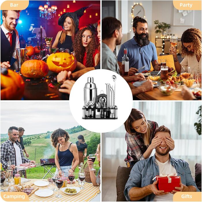 Набір для коктейлів Cinnani 750 мл зі стійкою, 15 предметів, нержавіюча сталь - професійний набір бармена для приготування коктейлів, подарунковий комплект