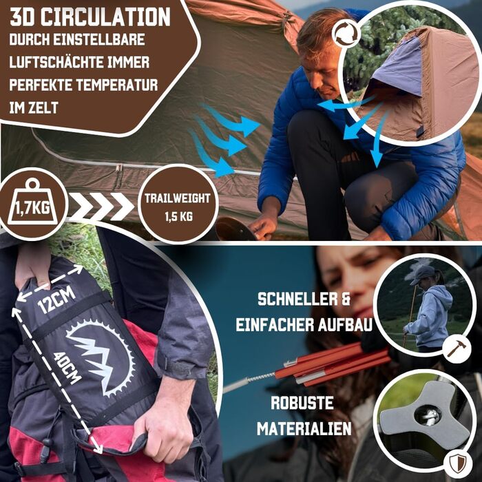 Намет GOALPINE Eremit для 1-2 осіб, водонепроникний 4000 мм, ультралегкий, 3-4 сезони, для туризму, гірських походів та велотуризму (коричневий)