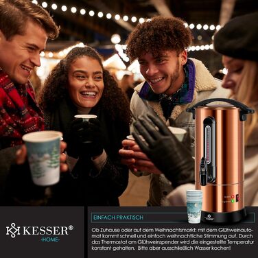 Кесер® Електричний казанок для глінтвейну 10л з нержавіючої сталі, з термостатом, 10 склянок, індикатор рівня, кран, мідний