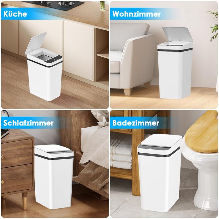 Набір з 2 електричних сміттєвих баків Dreamhigh® 12L з датчиком, автоматичним відкриванням, 3 режимами відкривання, тихим мотором та вологостійким корпусом для кухні, ванної кімнати, офісу, вітальні (білий)