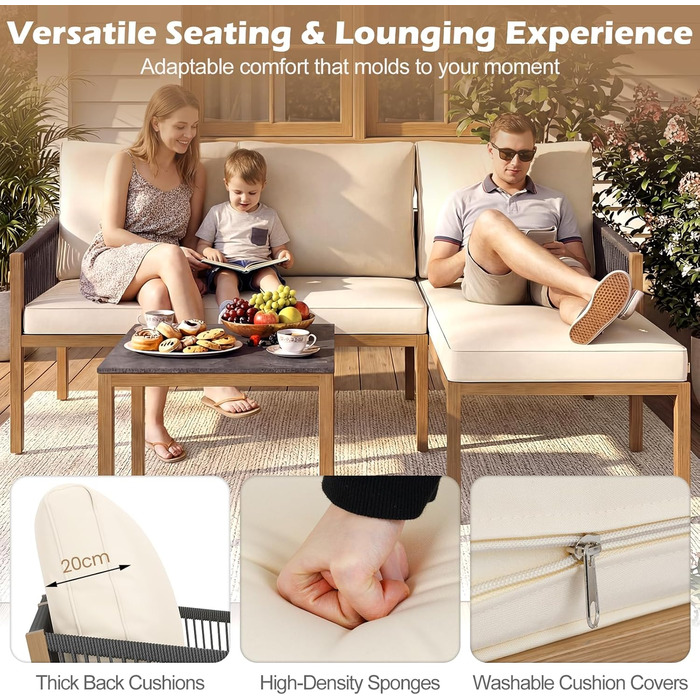 Садовий набір меблів з ротангу COSTWAY: Лаунж-комплект з столом та подушками для саду, балкону, тераси (Бежевий)