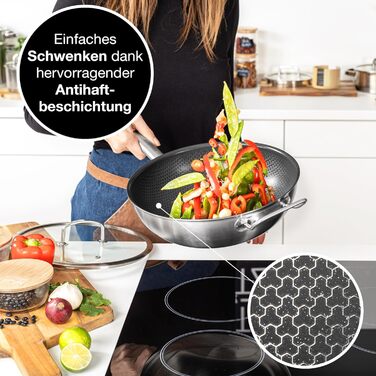 Вафельниця Moritz & Moritz з нержавіючої сталі 30 см з керамічним покриттям нового покоління - підходить для всіх типів плит - антипригарний вок з вафельною структурою для смаження, тушкування та варіння (з кришкою)