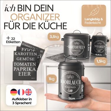 IDEALTASTIC® Преміум Коробка для зберігання картоплі [3 шт] | Набір з 3 контейнерів для картоплі, цибулі та часнику з системою 360° вентиляції для свіжості | Чорний