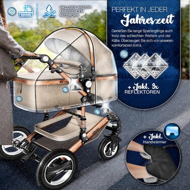 Дитяча коляска KIDUKU® 3 в 1 XXL Комплект | Комбінована коляска з люлькою, прогулянковим блоком та автокріслом | З підніжкою, сумкою для пеленання, підігрівачами для рук, дощовиком та столиком | З повного гуми | Відповідає стандарту ECE R129 (Бежевий / Мі