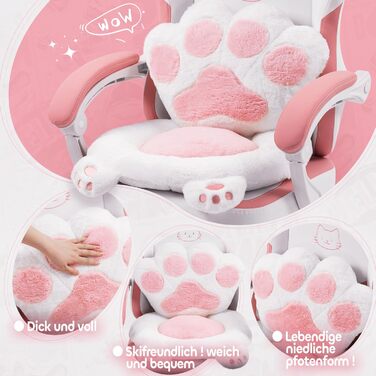 Ігровий крісло MEENICE Pink Katze з підголовником у вигляді лапки кота та вушками, з підніжкою, ергономічний ПК стілець для дітей та дорослих, рожево-білий, 200 кг