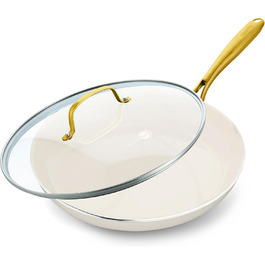 Сковорода GreenPan Swift з керамічним покриттям та кришкою, 30.5 см, без PFAS та PFOA, для здорового приготування їжі, з ручкою з золотистої нержавіючої сталі, універсальна, придатна для миття в посудомийній машині та випікання в духовці, кремового кольору