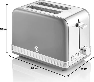 Тостер Swan Retro ST19010GRNEU на 2 скибки, широкий слот, вінтажний дизайн, 3 функції (розморожування, підігрів, скасування), 6 режимів, нержавіюча сталь, сірий, 815 Вт