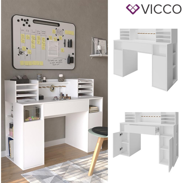 Стіл для рукоділля Vicco - письмовий стіл, білий, 126,8 x 50 см XL з полицями білий 126,8x100x50 см